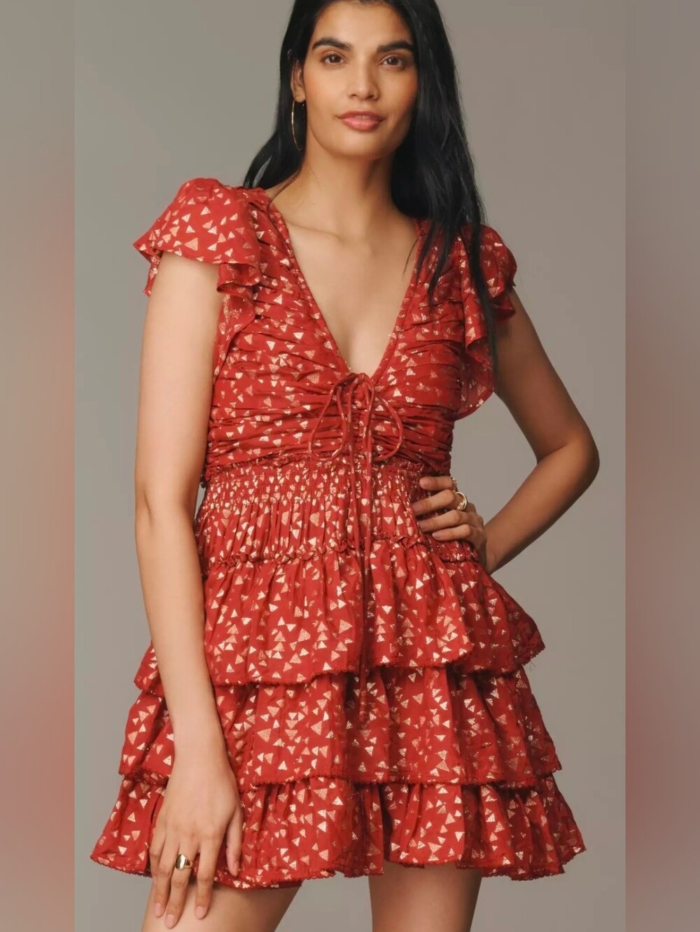 Anthropologie Red Tiered Ruffled Metallic Print Mini Dress
